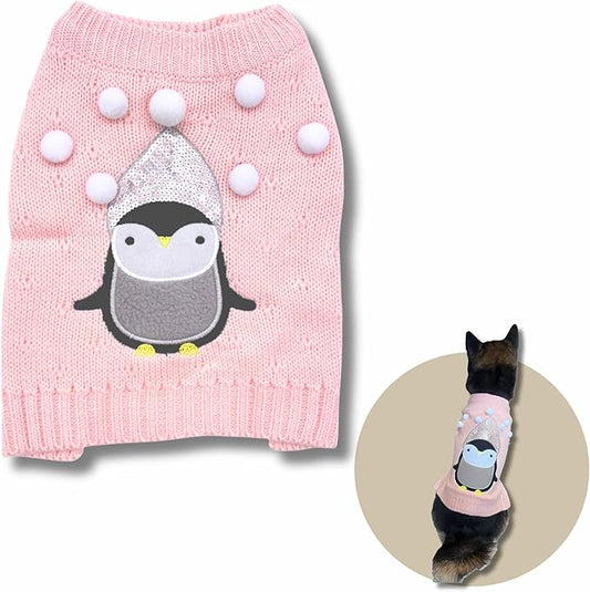 Cute Sweater for Dogs and Cats Soft Flannel Pet Outfit Warm and Cozy Animal Hoodie Small to Large Pet Clothes for Halloween Parties and Everyday Wear (Small, Pink Pinguin)