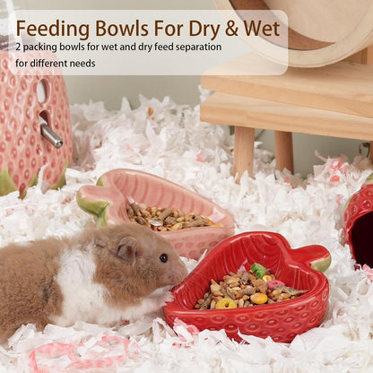 Hamtser Food Bowl,2 Packs Strawberry Hamster Bowls,Ceramic Feeding Bowl,Food Dish for Small Animals Gerbil Dwarf Hamster Rat Mice Guinea Pig(Pink+Red)