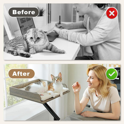 PAWZ Road Cat Desk Bed, Wooden Cat Bed for Desk Supports Up to 50 lbs, 360° Rotation & Adjustable, Nest Desktop Attachment Cats Hammock for Table, Gray
