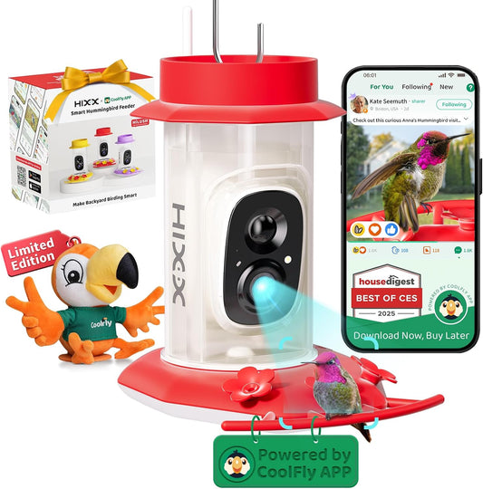 HIXX Smart Hummingbird Feeder with Camera Solar Powered with CoolBirdie Collectible, Ant Moat& Bee Proof, Easy Clean, Includes Limited Edition Plush Bird Toy, for Hummingbird Lover&Family