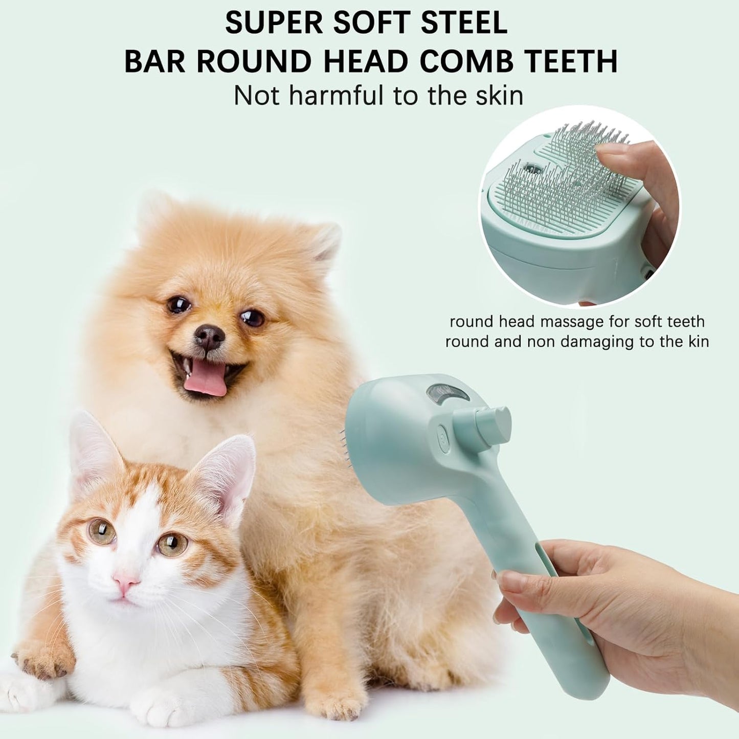 Pet Steam Brush for Cat & Dog – 4-in-1 De-Shedding, Steam Spray, and Self-Cleaning Grooming Tool – Ideal for Long and Short-Haired Pets– Includes 2 Bottles of 120 mL Waterless Shampoo(Green)