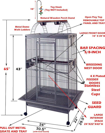4 Size, Castle PlayTop Parrot Cage for Large Macaws Cockatoos African Grey Amazon (24" x 22" x 63"H White Vein)