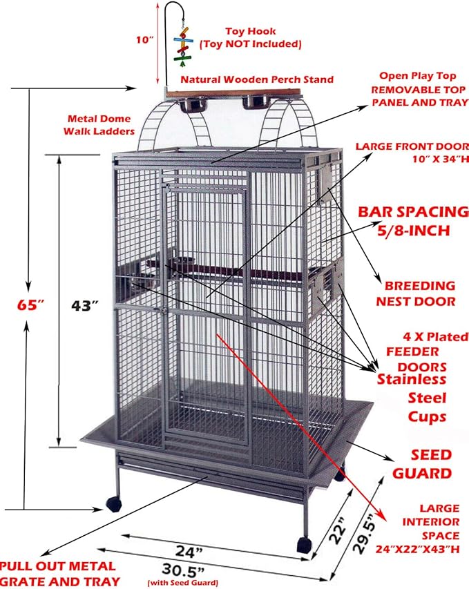 4-Size / 2-Color, Large Double Ladders Open Play Top Wrought Iron Bird Parrot Parttot Finch Macaw Cockatoo Cage, Include Seed Guard and Toy Hook (24" W x 22" D x 63" H White Vein)