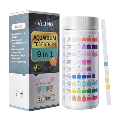 9 in 1 Aquarium Test Strips - 120ct Aquarium Water Test Kit for Freshwater & Saltwater Fish Tank, Testing: Fe, Cu, Nitrate, Nitrite, Chlorine, GH, Alkalinity, Carbonate, PH