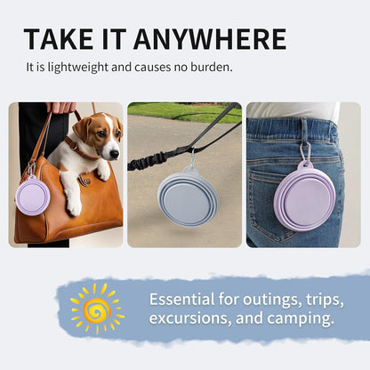 Collapsible Dog Bowls 2-Pack, Portable Travel Dog Bowl with Carabiner, Food-Grade Silicone Pet Bowl for Hiking, Walking (Macaron Blue and Violet)