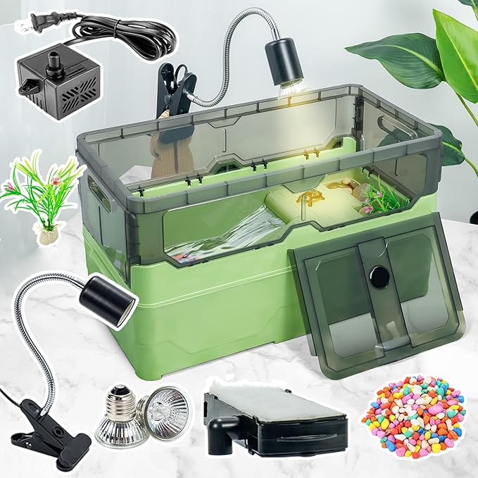 Turtle Tank kit with Filter+Water Pump+Heat lamp, Wheels, Easy to Move, Imitate The Natural Flows, Suitable for Small Turtle Horned Frog Hermit (L, Green)