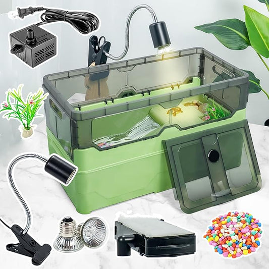 Turtle Tank kit with Filter+Water Pump+Heat lamp, Wheels, Easy to Move, Imitate The Natural Flows, Suitable for Small Turtle Horned Frog Hermit (L, Green)