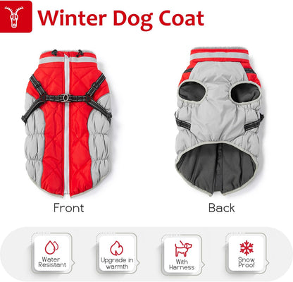Dog Winter Coat with Harness, Dog Jacket, Pet Clothes with Zipper on Back, Waterproof Windproof Warm Vest, Reflective Cold Weather Coats, for Small Medium Large Dogs, Thick, Red, 3XL