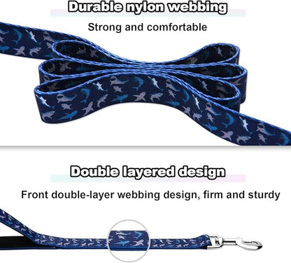 Double Handle Dog Leash 5 Foot with 2 Padded Handles, Heavy Duty Nylon Dog Leash with Traffic Control Handles,Walking Training Lead, Deep Blue Shark