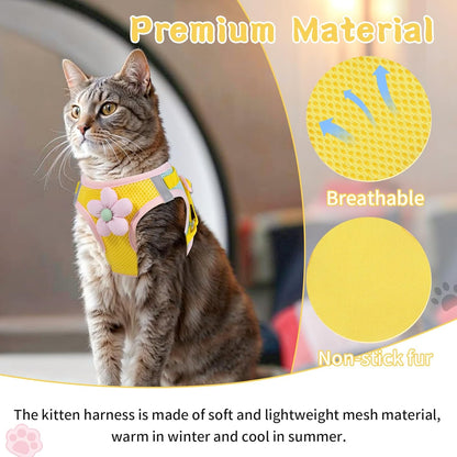 Cat Harness and Leash Set for Walking Escape Proof, Adjustable Kitten Harness Breathable Mesh with Reflective Strips Harness with Flower for Kitty Puppy Bunny Yellow XS