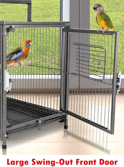 Portable Heavy Duty Travel Bird Parrot Carrier Cage Feeding Bowl Play Stand with Handle