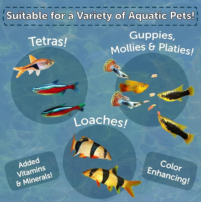 Aquatic Foods Inc. Community & Tropical Fish Flakes, for Angel Fish, Guppies, Live Bearers, Loaches, Gouramis, Catfish, Cichlids, 12-Type Pellet Mix & 4-Type Wafer Mix Included...1.30oz Canister