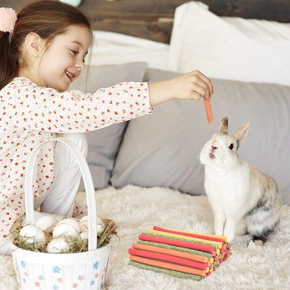 ERKOON 40Pcs Rabbit Timothy Hay Sticks, Five Flavors：PurplePotato/TimothyHay/Pumpkin/Strawberry/Carrot，Suitable Guinea Pig, Hamste, Gerbil, Chinchilla Treats, Chew Toys for Teeth for Bunnies ﻿