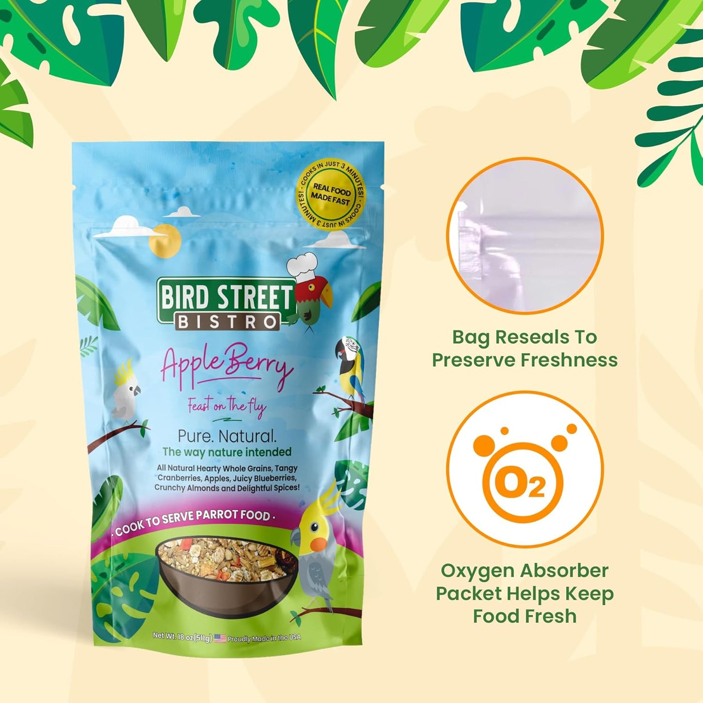 Bird Street Bistro Parrot Food - Parakeet & Cockatiel Food - Cooks in 3-15 min with Natural & Organic Grains, Legumes, Non-GMO Fruits, Vegetables & Health-Oriented Spices