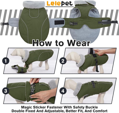Lelepet Warm Dog Coat Waterproof Dog Jacket for Extra Large Dogs Reflective Fleece Vest with Adjustable Buckle Hook & Loop Windproof Cold Weather Coats for Small Medium Large Dogs, Army Green, XXXL