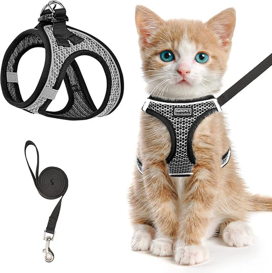 Cat Harness and Leash for Walking Escape Proof, Adjustable Kitten Vest Harness Reflective Soft Mesh Puppy Harness for Outdoor, Comfort Fit, Easy to Control (Gray, S)