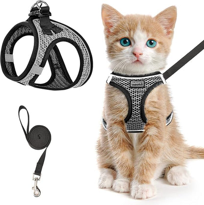 Cat Harness and Leash for Walking Escape Proof, Adjustable Kitten Vest Harness Reflective Soft Mesh Puppy Harness for Outdoor, Comfort Fit, Easy to Control (Gray, XXS)