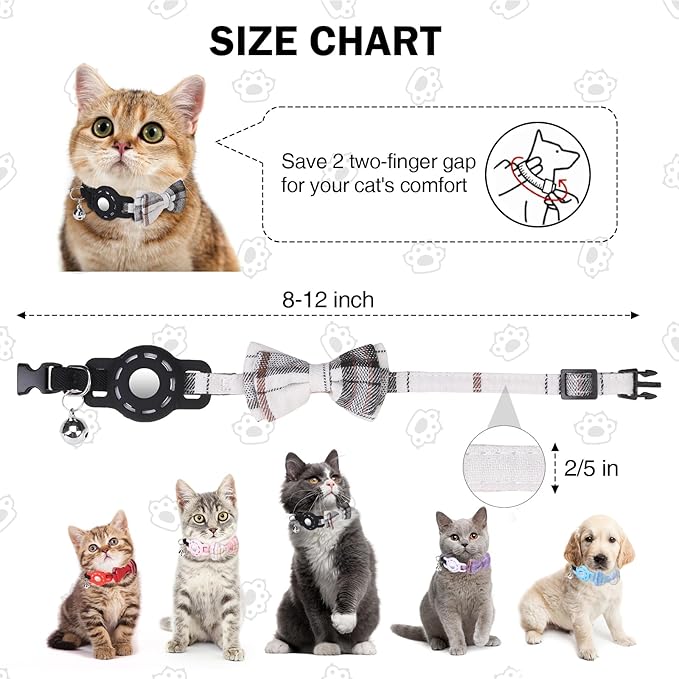 Airtag Cat Collar with Bells and Bowtie -Safety Elastic Band Kitten Collar for Apple Air Tag Holder- Cute GPS Cat Tracker Collars for Girl Boy Cats and Puppies, Adjustable 8"-12" Beige
