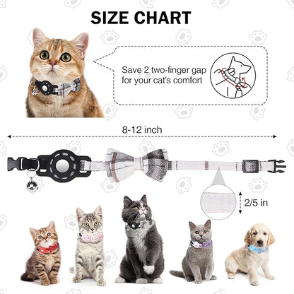 Airtag Cat Collar with Bells and Bowtie -Safety Elastic Band Kitten Collar for Apple Air Tag Holder- Cute GPS Cat Tracker Collars for Girl Boy Cats and Puppies, Adjustable 8"-12" Beige