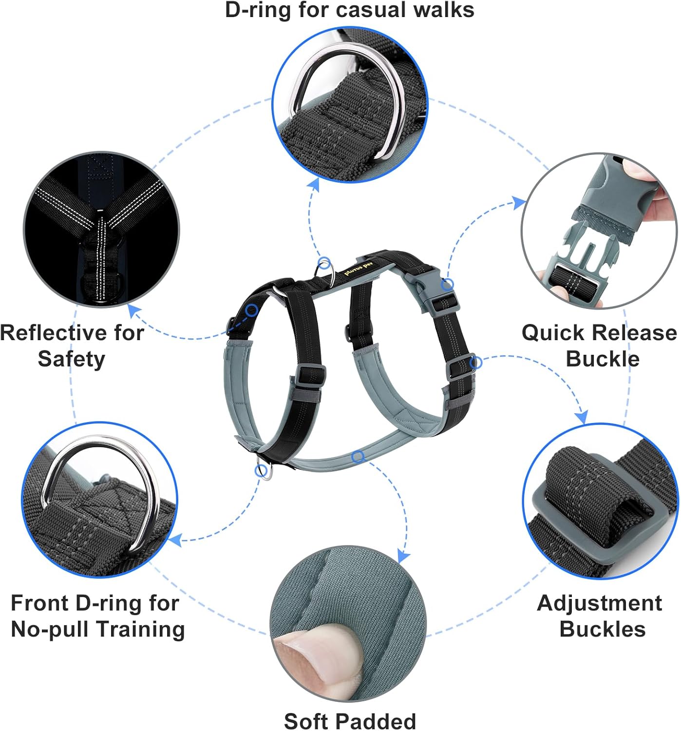 Plutus Pet No Pull Dog Harness, Adjustable Nylon Harness with Soft Padding, Reflective and Heavy Duty Dog Harness for Small, Medium, Large Dogs(Black, XS)