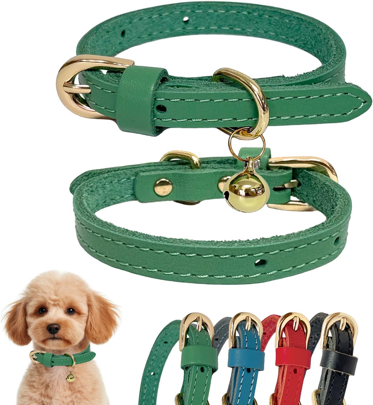 Guiding Star Leather Collar for Puppy, Cute Soft Thin Dogs Collars for Small Medium Dogs, Cat Collar with Bell (Green, XS, 9"-12")