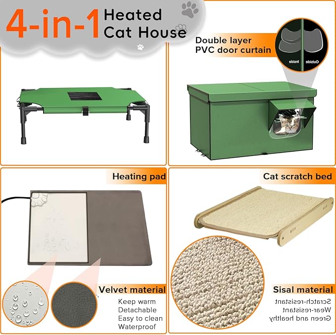 4-in-1 Heated Cat House for Outside with Heating Pad, Scratching Bed and Elevated Bed, Waterproof Windproof TPU Rain Cover, Large Cat Winter House Outdoor