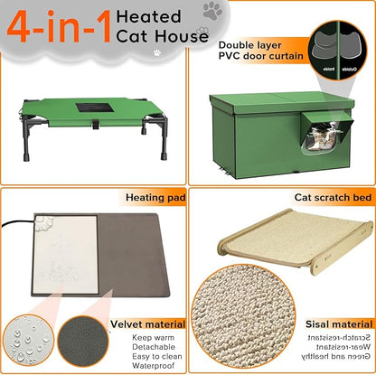 4-in-1 Heated Cat House for Outside with Heating Pad, Scratching Bed and Elevated Bed, Waterproof Windproof TPU Rain Cover, Large Cat Winter House Outdoor