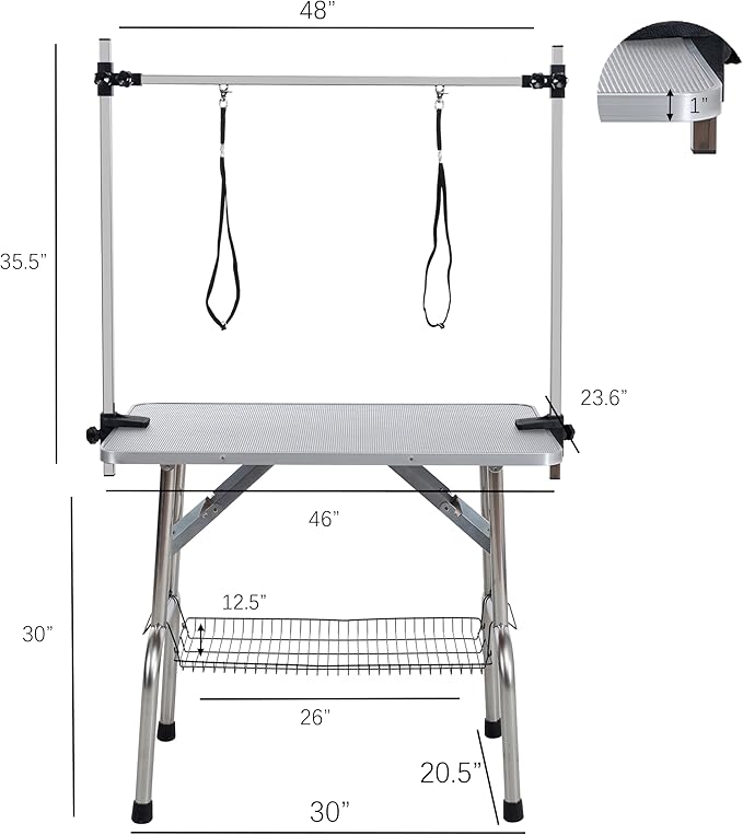 46" Dog Grooming Table Foldable Pet Grooming Tables with Adjustable Arm Noose Storage Mesh Tray Maximum Capacity Up to 330lbs Silver Gray