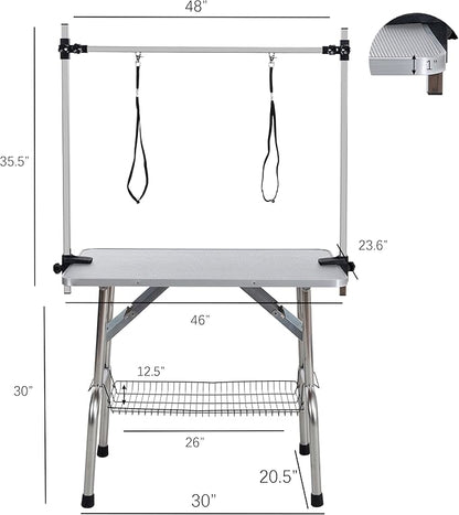 46" Dog Grooming Table Foldable Pet Grooming Tables with Adjustable Arm Noose Storage Mesh Tray Maximum Capacity Up to 330lbs Silver Gray