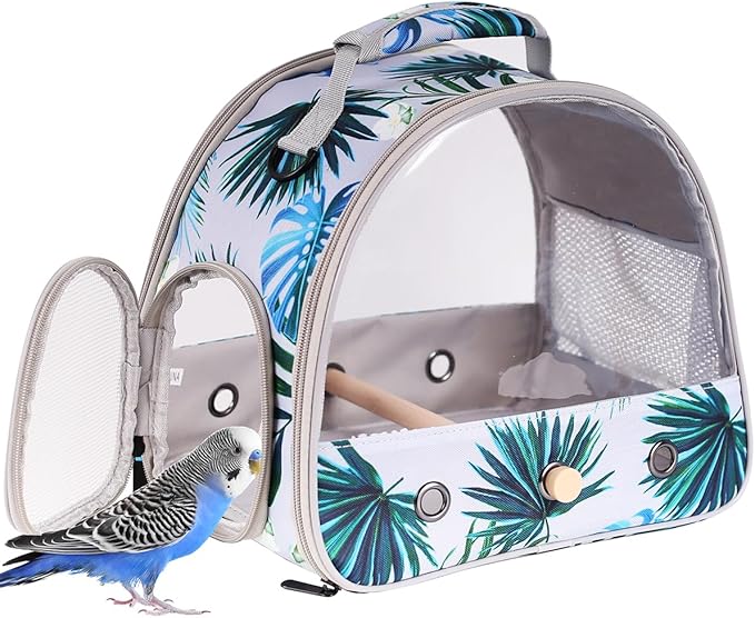 Portable Small Bird Travel Carrier Cage with Stand Perch, Bird Carrier to Carry Parakeet Budgies Parrot Cockatiel Conure Outdoor, Front Clear Window with Floral Printing