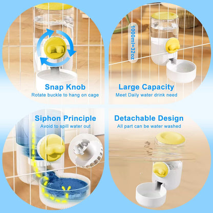 Auto Gravity Siphon Water Dispenser for Cage Hanging, 34OZ Capacity Hanging Automatic Pet Cage Waterer, Water Bowl for Cats Dogs Rabbit Ferret Chinchilla Bird Hedgehog Guinea Pig (Yellow)