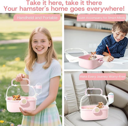 Portable Hamster Carrier Cage for Travel - Acrylic Small Animal Cage with Ventilation Holes,Escape-Proof Hamster Travel Cage for Outdoor Picnics, Vet Visits(Pink)