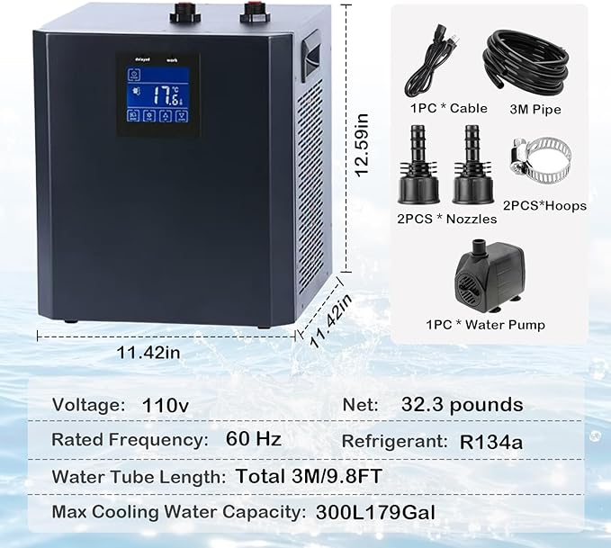 79 Gallon Aquarium Chiller, Fish Tank Chiller,1/3 HP Active Aqua Chiller for Axolotl, Aquarium Cooler with LED Display, Pipe, Water Pump, Remote Control