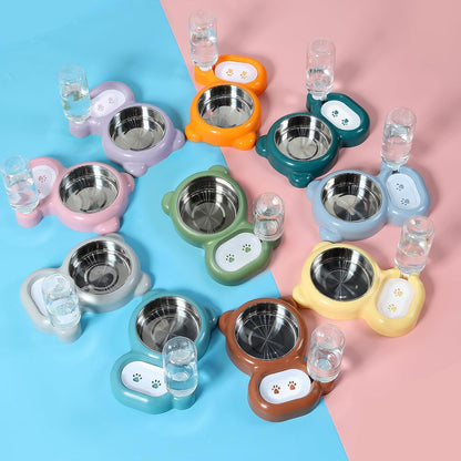 Dog Bowls, Cat Food and Water Bowl Set with Water Dispenser and Stainless Steel Bowl for Cats and Small Dogs - Brown