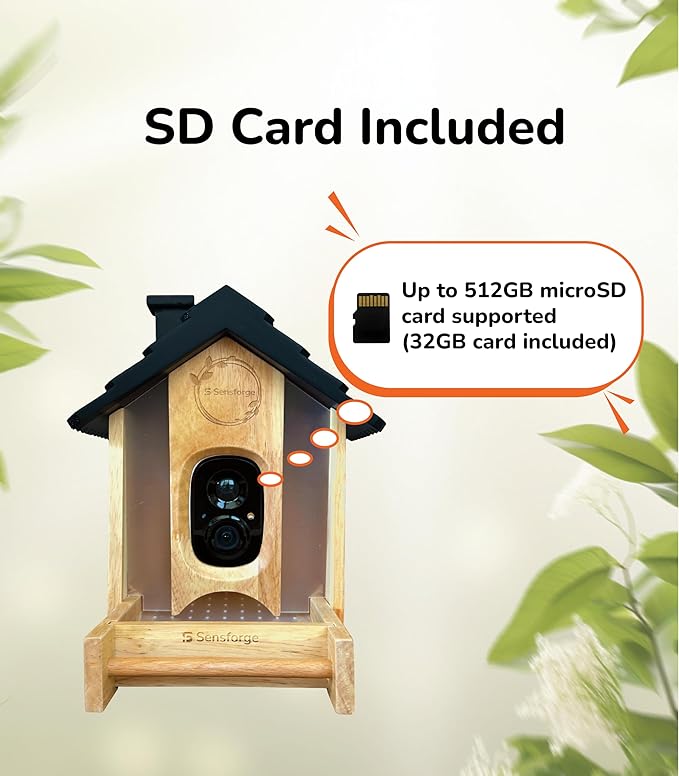 Sensforge Smart Bird Feeder with Camera - Wooden, Solar-Powered Outdoor Feeder with 2.5K HD Live View, Advanced AI Feature (6 Months Free), Weatherproof, App Alerts – Best Gift for Bird Lovers/Kids