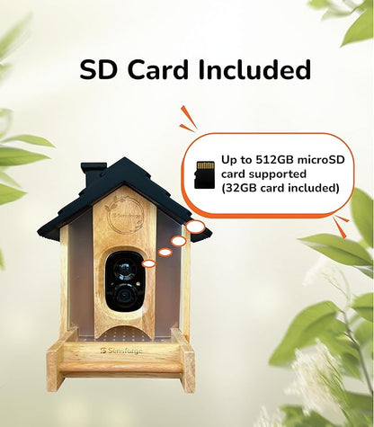 Sensforge Smart Bird Feeder with Camera - Wooden, Solar-Powered Outdoor Feeder with 2.5K HD Live View, Advanced AI Feature (6 Months Free), Weatherproof, App Alerts – Best Gift for Bird Lovers/Kids