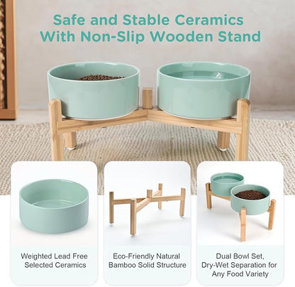 SPUNKYJUNKY Elevated Dog Bowls Ceramic, 7.3'' Dogs Food Water Bowls Raised with Non-Slip Bamboo Stand for Medium to Large Sized Breed Microwave Dishwasher Safe - 42 OZ,Light Green