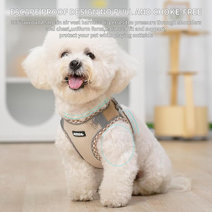 AIITLE Escape-Proof Dog Harness - Extra Soft Jacquard Fabric with Moisture-Wicking Lining, Adjustable Fit for Boston Terrier, Pekingese - Running, Playdates, Outdoor Adventures (Brown-Beige, L)