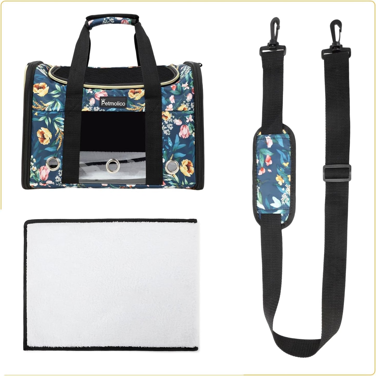 Petmolico Cat Carrier Soft-Sided Pet Bag for Small Medium Cats Puppies 16LBs - Airline Approved Pet Travel Carrier 3 Open Doors (Medium,Green Peony)