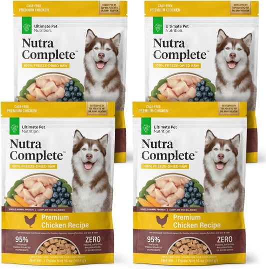 ULTIMATE PET NUTRITION Nutra Complete, 100% Freeze Dried Veterinarian Formulated Raw Dog Food with Antioxidants Prebiotics and Amino Acids, (1 Pound (Pack of 4), Chicken)