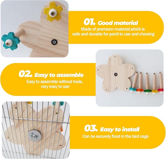 Bird Rotating Perch Toy, Wooden Ferris Wheel with 5 Color Flower Holder Perches, Hanging Bird Stand Cage Accessories for Parakeet, Parrot, Cockatiel, Budgerigar, Conure, Lovebirds (A)