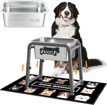 2.8 Gallon Elevated Dog Water Bowl, ADENGL Height Adjustable (10.4–15.2'') Raised Stainless Steel Bowl with Spill-Proof Mat & Sturdy Metal Stand, Tip-Proof, Easy to Clean, Indoor & Outdoor Use