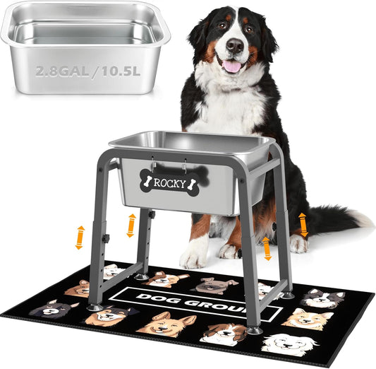 2.8 Gallon Elevated Dog Water Bowl, ADENGL Height Adjustable (10.4–15.2'') Raised Stainless Steel Bowl with Spill-Proof Mat & Sturdy Metal Stand, Tip-Proof, Easy to Clean, Indoor & Outdoor Use
