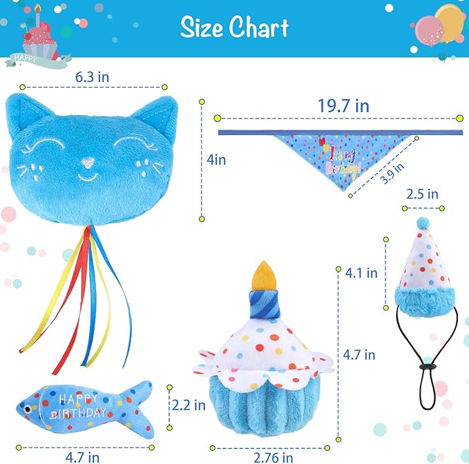 BINGPET Cat Birthday Catnip Toys for Indoor Cats,Cat Birthday Hat,Bandana and Cat Birthday Cake Interactive Plush Kitten Chew Toys,Cute Fish,Balloon Toys with Crinkle Paper and Catnip Inside(Sky Blue)