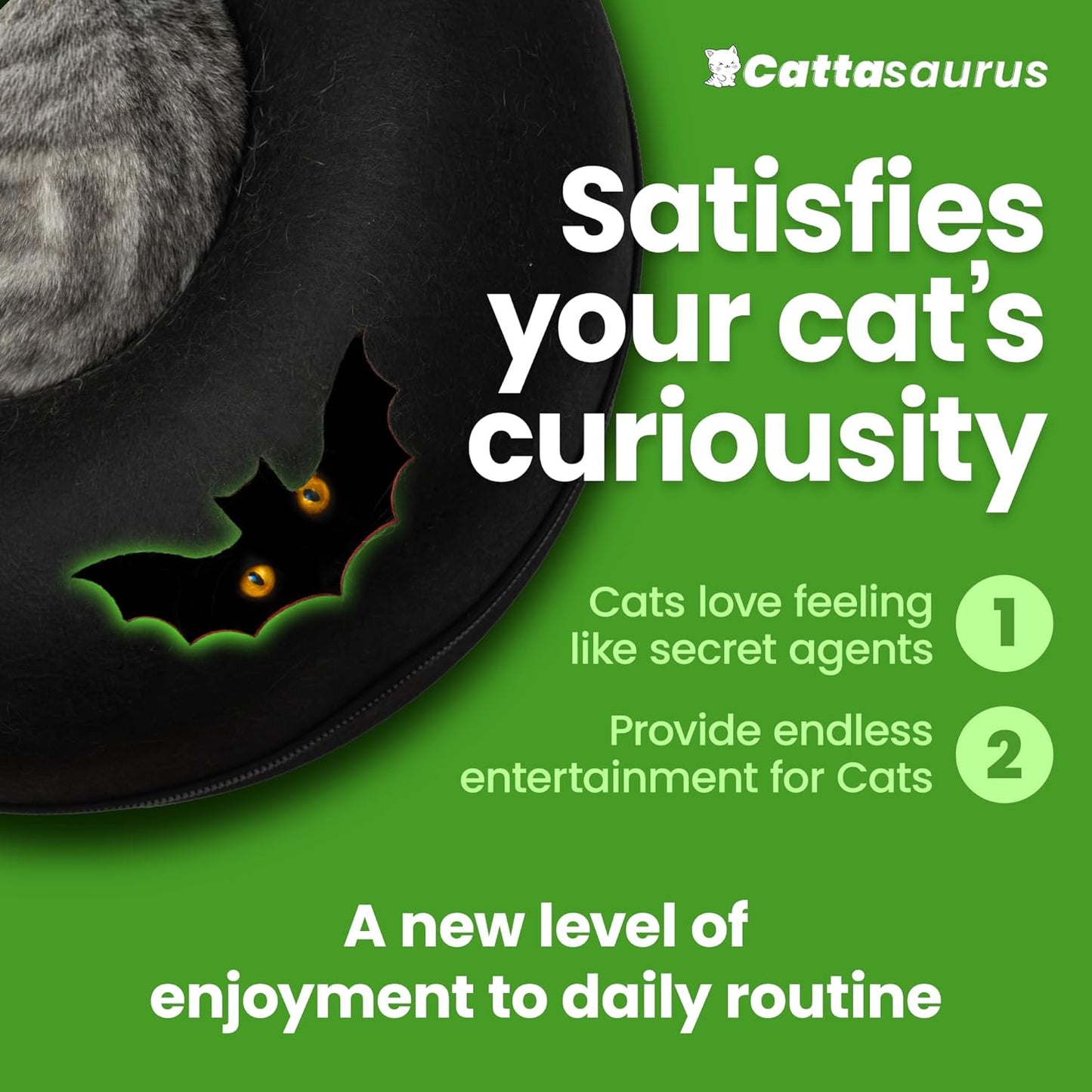 Cattasaurus Unique Gothic Peekaboo Cat Cave for Multiple & Large Cats Up to 30-45 Lbs, Scratch Detachable & Washable Tunnel Bed, Comfy Donut Cat Cave (Gothic Bat, Large)