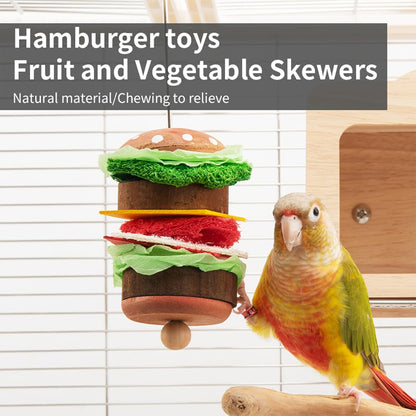 Bird Toys & Bird Perch, Bird Wooden Block Chewing Toy Parrot Foraging & Puzzle Toys Bird Cage Accessories for Conures Parakeets Cockatiels Lovebirds African Grey Macaws (Burger FruitFork)