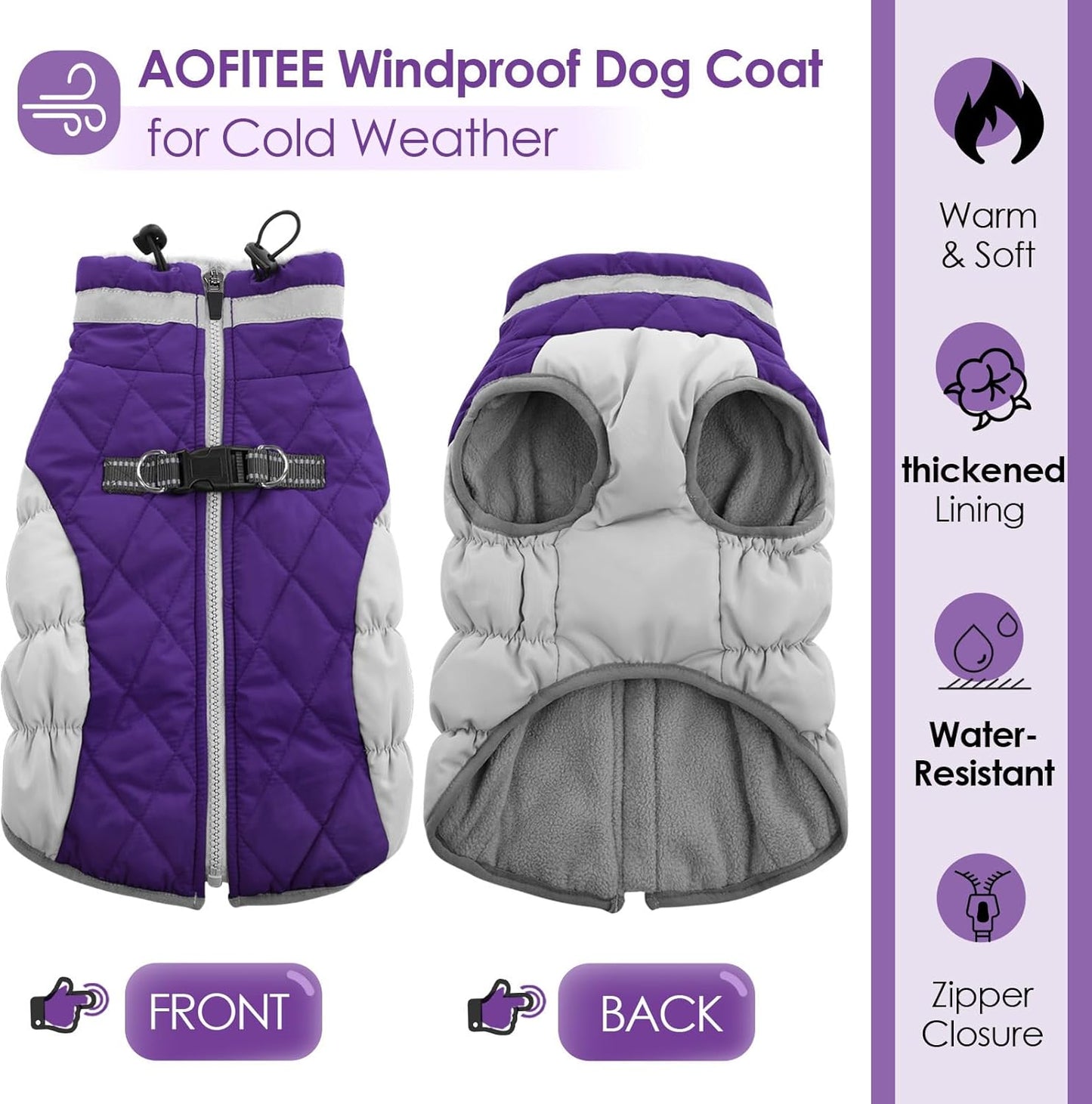 AOFITEE Dog Coat, Warm Dog Winter Coat for Small Dogs, Reflective Turtleneck Dogs Jacket with Harness Built in, Waterproof Windproof Pet Fleece Vest Snow Jacket for Cold Weather, Purple S
