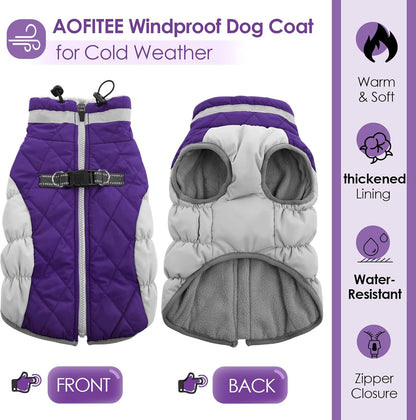 AOFITEE Dog Coat, Warm Dog Jacket, Reflective Winter Coats for Medium Dogs, Turtleneck Dogs Winter Jacket with Harness Built in, Waterproof Windproof Pet Fleece Vest Puffer Jacket, Purple M