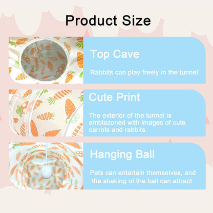 LUCKITTY Rabbit Tunnel Toy, Collapsible 3-Way Hideout Tunnel with Chew Toys for Rabbits, Guinea Pigs, Ferrets, Kittens & Small Pets - Orange & White Carrot Design (33"x20"x9.5")