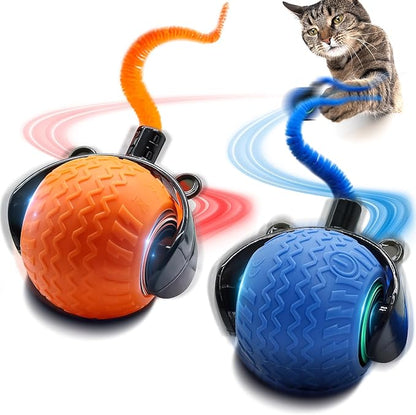 2Pcs Interactive Cat Toy for Indoor Cats, Speedy Ball with Tail, Automatic Moving Cat Balls for Bored Indoor Adult Cats, 360°Automatic Rolling Ball Toy, Two Speed Adjustment（Orange&Blue）